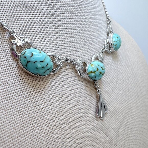 VTG Sterling Silver 925 Turquoise Three Stone Chain Necklace Size 14" Adjustable - Picture 2 of 13